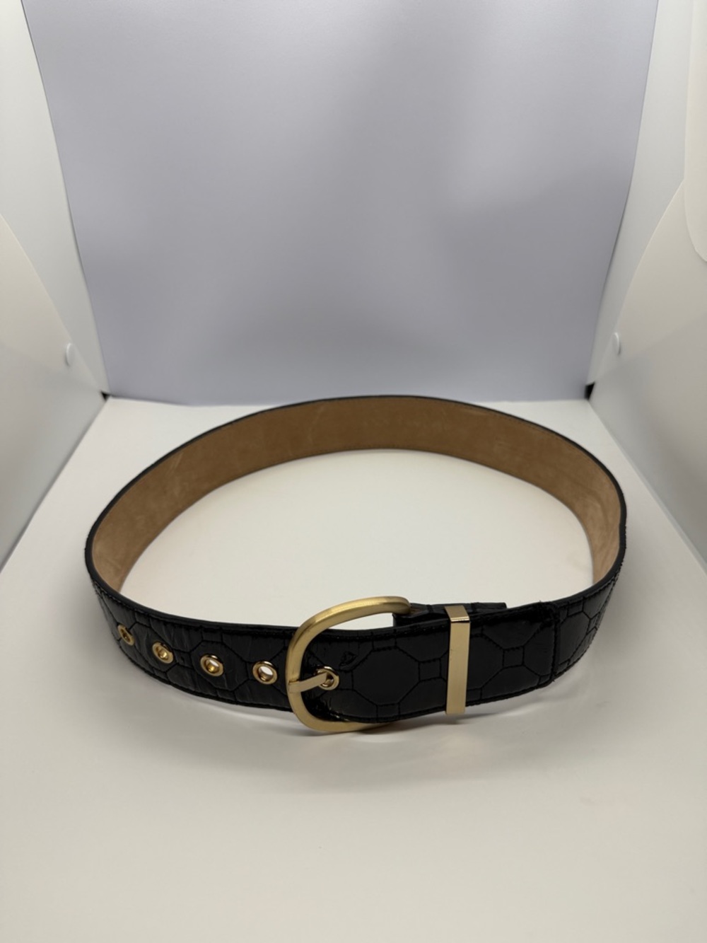 Ann Taylor Black Quilted Leather Belt with Gold Buckle